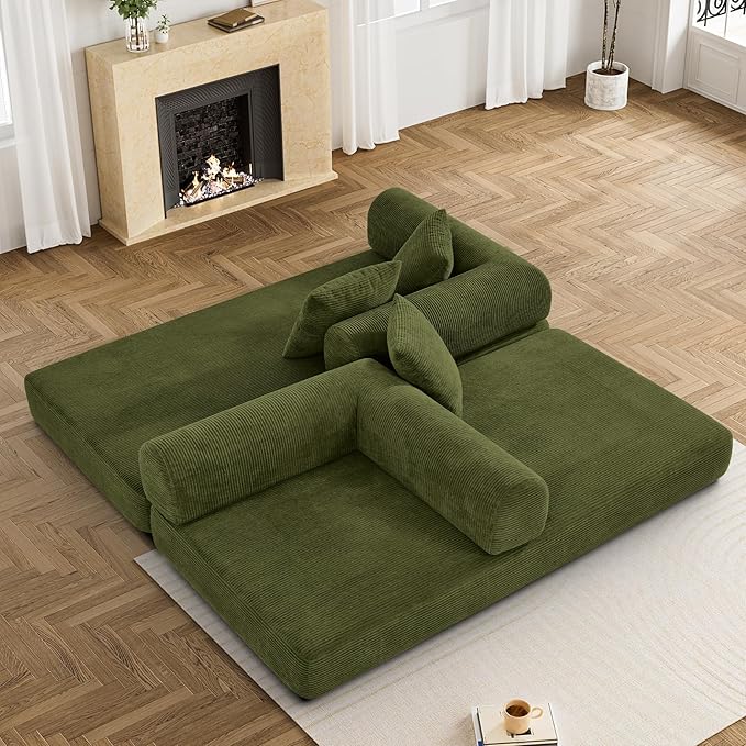 80.3" Convertible Sleeper Sofa Bed with Cylindrical Pillow, Corduroy Folding Mattress Couch with Fixed-Shape Frame, Modular Floor Sofa Lounge Couch for Living Room Bedroom Lounge, Green-Ruum Studio Home