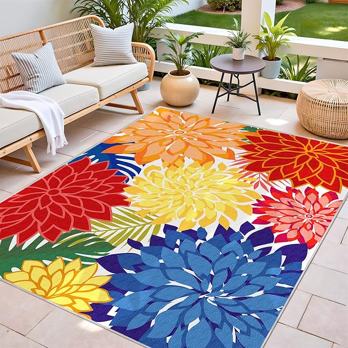 Indoor Outdoor Area Rug 8x10 Patio Washable Multicolored Patio Rug Tropical Botanical Modern Floral Indoor Outdoor Carpet Non-Slip for RV, Pool Deck, Backyard, Porch-Ruum Studio Home