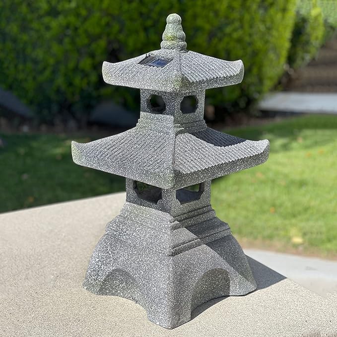 Galt International 2 Tier Pagoda Garden Statue LED Solar Powered Light 26" Tall Outdoor Zen Garden Lantern Landscape Lawn Asian Pagoda Stupa Decor Grey Resin-Ruum Studio Home