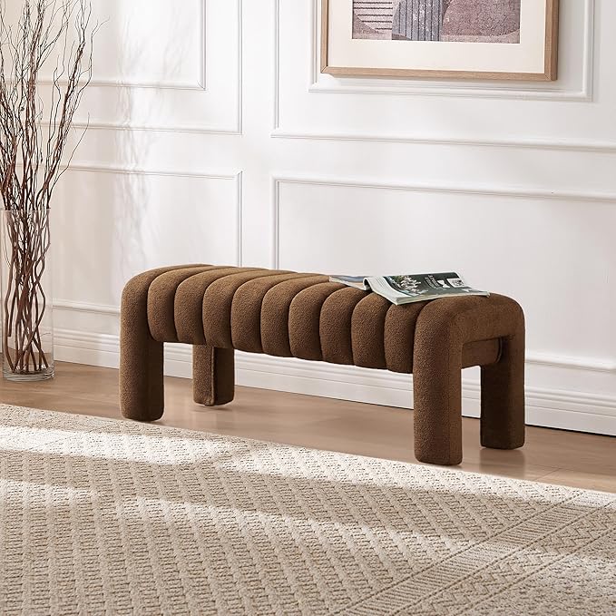 43.3" Bedroom Bench, Upholstered Entryway Bench, Modern End of Bed Ottoman with Solid Wood Legs and Adjustable Foot Pegs for Entryway, Dining Room and Living Room (Brown Boucle)-Ruum Studio Home