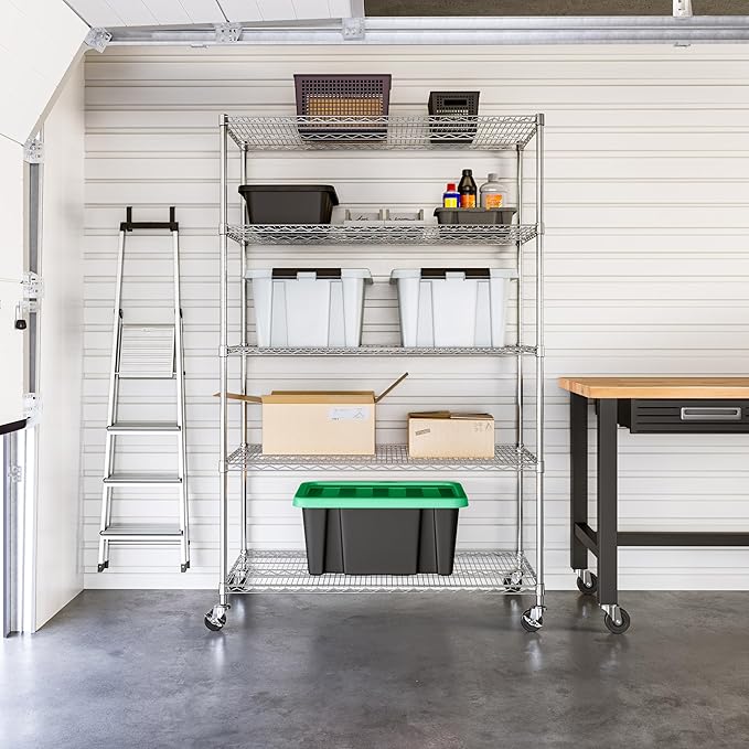 Seville Classics UltraDurable Heavy Duty NSF Solid Steel Wire Rack Storage Unit Organizer for Garage, Warehouse, Office, Restaurant, Classroom, Kitchen, 5-Tier Shelving, 48" W x 24" D-Ruum Studio Home
