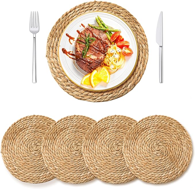 Defined Deco Woven Placemats Set of 4,13" Round Rattan Placemats,Natural Hand-Woven Water Hyacinth Placemats,Farmhouse Weave Place Mats,Rustic Braided Wicker Table Mats for Dining Table,Home,Wedding.-Ruum Studio Home