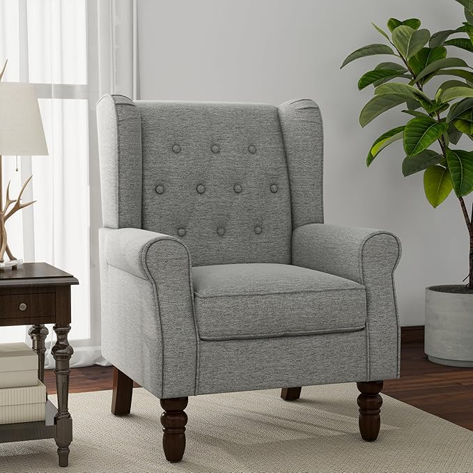 Lumibee High Back Accent Chair,Upholstered Wingback Armchair with Solid Wood Legs for Small Spaces,Comfy Single Sofa Chair for Living Room,Bedroom,Office-Light Gray-Ruum Studio Home