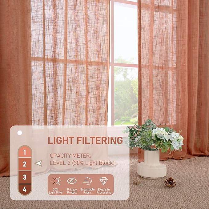 LAMIT Linen Sheer Curtains 95 inch for Living Room, Soft Thick Light Filtering Boho Window Textured Neutral Drapes with Bronze Grommet for Bedroom/Farmhouse, 2 Panels, 52 x 95 Inch, Terracotta-Ruum Studio Home