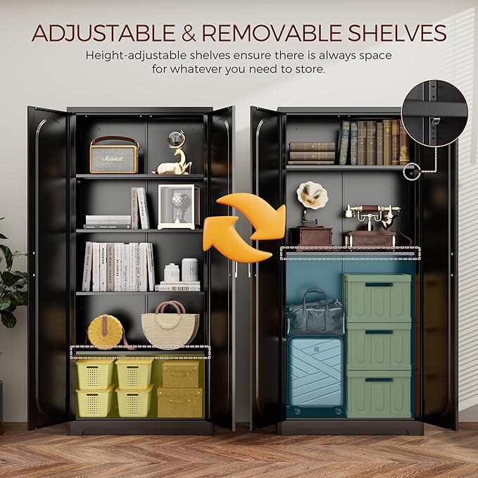 71" Tall Metal Pantry Cabinet with 4 Adjustable Shelves and Gold Handles Heavy-Duty Steel Storage for Kitchen, Dining Room or Office-Ruum Studio Home