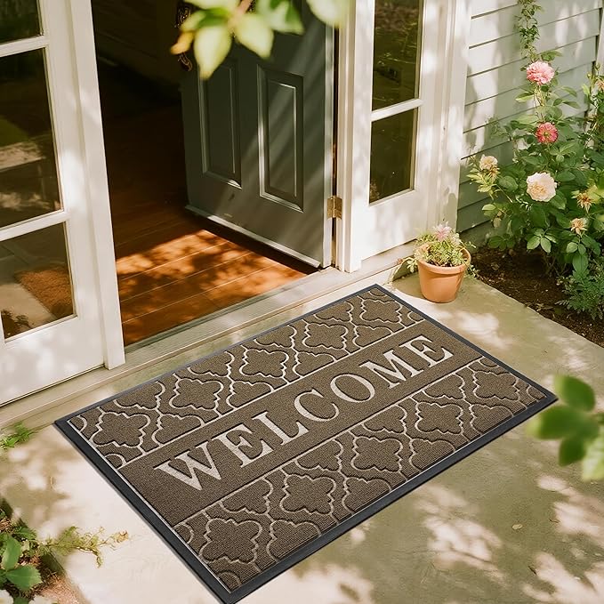 Yimobra Welcome Mat Outdoor Indoor, All-Season Waterproof Front Door Mat Outside Entrance, All-Weather Heavy Duty Non-Slip Doormat, Low Profile Porch Patio Entrance Mats, 47x32, Coffee-Ruum Studio Home