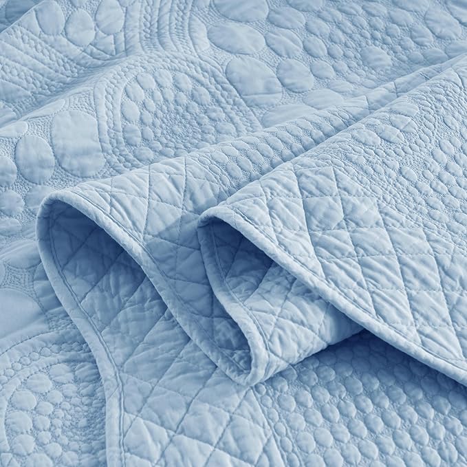MarCielo 3-Piece 100% Cotton Oversized Bedspread Lightweight Quilt Coverlet Embroidery Farmhouse Bedding Set (Tf Light Blue, Oversized Queen (100"x106"))-Ruum Studio Home
