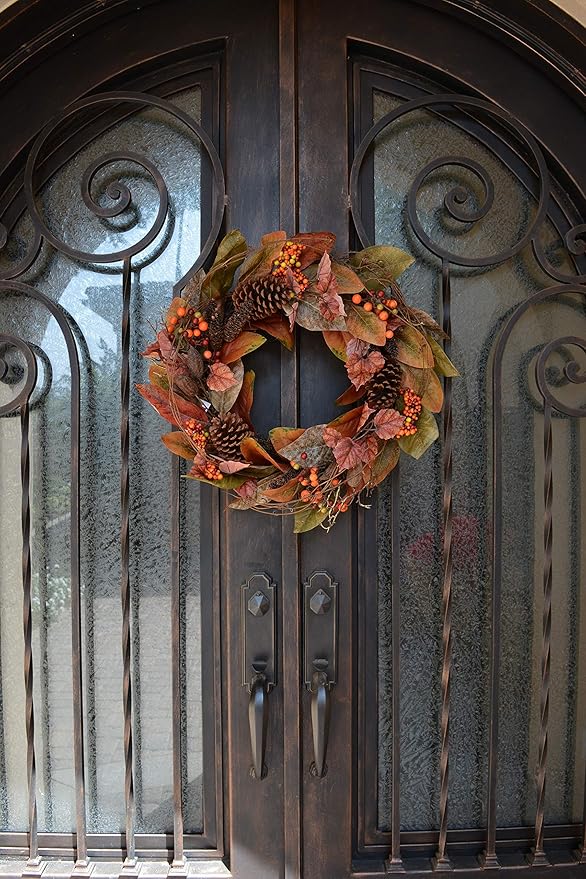 Admired By Nature 24 Inch Artificial Fall Magnolia Leaf Vine Berry Wreath Autumn Leaves For Wall Fornt Door Home Office Farmhouse Thanksgiving Harvest Cemetery Wreaths Indoor Outdoor, Orange-Pinecones-Ruum Studio Home
