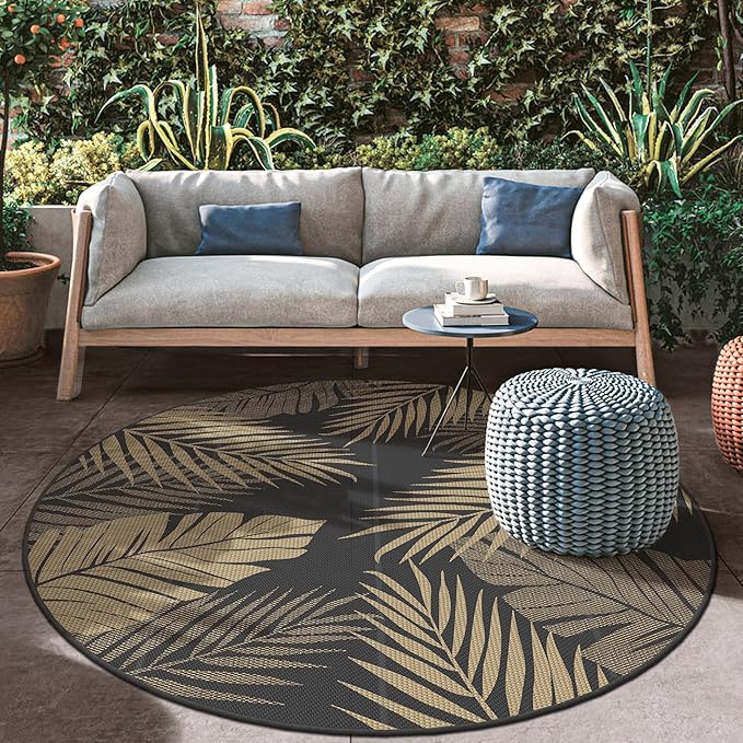 GENIMO Outdoor Rug 8' Round Waterproof for Patios Clearance, Reversible Outdoor Plastic Straw Camping Rug Carpet, Large Area Rugs Mats for RV, Camper, Deck, Balcony, Porch, Beach, Picnic, Black&Brown-Ruum Studio Home