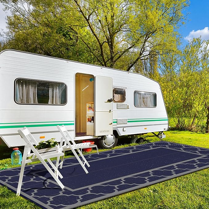 GENIMO 9 ' x 18 ' Outdoor Rug Waterproof for Patio Decor, Foldable Reversible Plastic Straw Area Rugs Mat for Camper, Outside Carpet for Rv, Deck, Porch, Picnic, Beach, Balcony, Blue & Grey-Ruum Studio Home