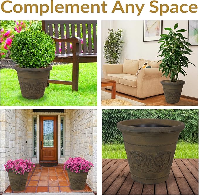 Sunnydaze 19.5-Inch Arabella Large Plant Pot - Polyresin Round Outdoor Planter with Drillable Drainage Holes - Sable-Ruum Studio Home