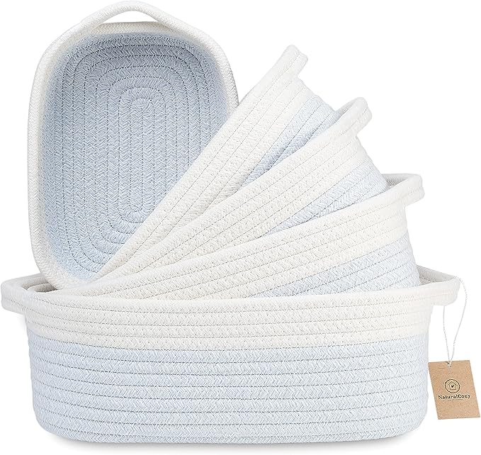 NaturalCozy 5-Piece Rectangle Storage Basket Set- Natural Cotton Rope Woven Baskets for Organizing! Small Basket for Montessori, Baby Nursery, Dog Toy Baskets, Cat Toy Box, Bathroom Organization Bin-Ruum Studio Home