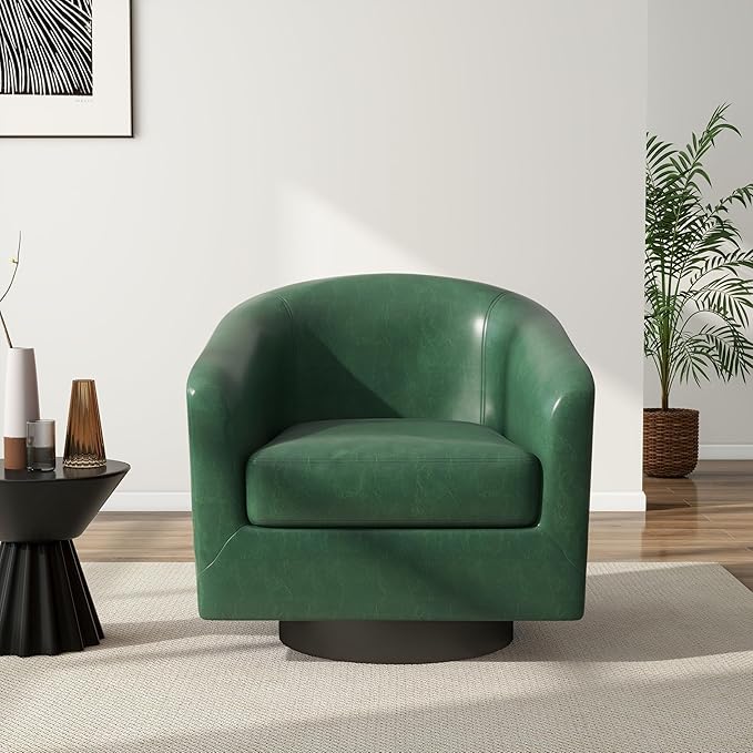 Swivel Barrel Accent Chair, Modern Round Faux Leather Arm Chair for Living Room, Bedroom, Comfy Club Reading Chairs for Adults(Faux Leather, Green, Set of 1)-Ruum Studio Home