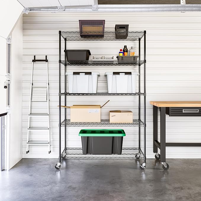 Seville Classics UltraDurable Heavy Duty NSF Solid Steel Wire Rack Storage Unit, Organizer for Garage, Warehouse, Office, Restaurant, Classroom, Kitchen, Black, 5-Tier Shelving, 48" W x 24" D-Ruum Studio Home