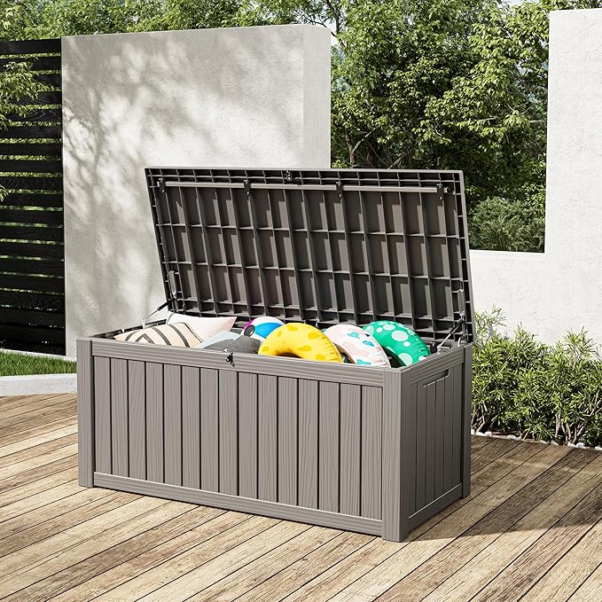KAMABOKO Outdoor Storage Box, 120 Gallon Large Outdoor Resin Deck Box, Storage Waterproof Boxes Lockable Lid for Garden Tools, Pool Supplies, Patio Furniture and Cushions, Grey-Ruum Studio Home
