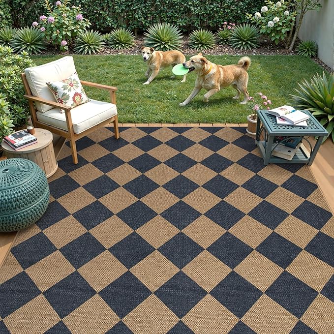 Lahome Checkered Easy Jute Washable Rug, 5x7 Area Rugs for Living Room Nature Large Dining Room Carpet, Farmhouse Geometric Non Slip Indoor Outdoor Carpet for Home Office Bedroom Backyard Patio-Ruum Studio Home