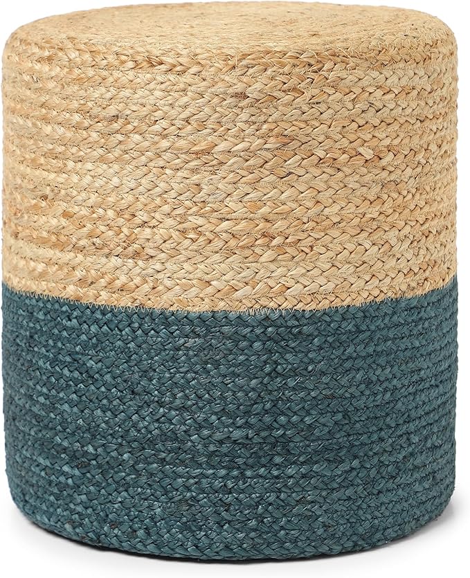 REDEARTH · Cylindrical Pouf Foot Stool Ottoman - Jute Braided Pouffe Poof Accent Sitting Footrest for Living Room, Bedroom, Nursery, Patio, Lounge Set of 2 (Natural Teal, 14.5"x14.5"x16")-Ruum Studio Home