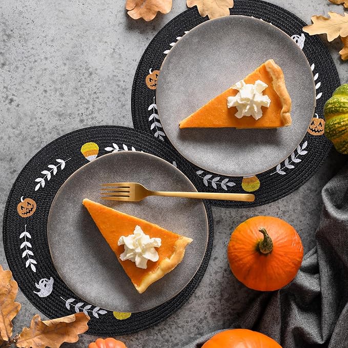 Whaline 4Pcs Round Halloween Placemats Embroidered Ghost Pumpkin Candy Corn Place Mats Black Spooky Dinner Table Mats for Halloween Party Decor-Ruum Studio Home