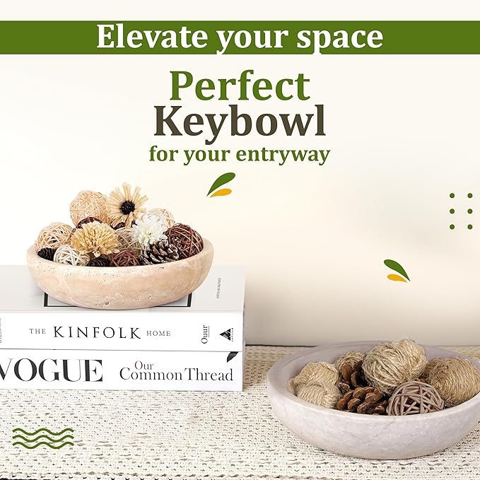 Travertine Decorative Bowl - 7.8” Diameter & 2” Height - Key Bowl for Entryway Table - Organic Modern Centerpiece - White/Gray-Ruum Studio Home