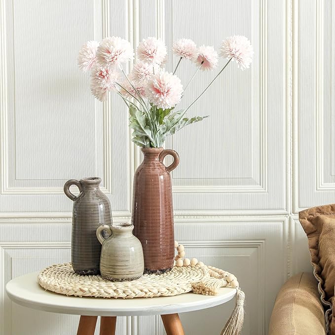 Ceramic Vases Set of 3, Neutral Rustic Farmhouse Vase with Handle, Decorative Flower Vases Home Decor Modern Boho Pampass Vase for Table Mantel Entryway Shelf Living Room Kitchen Bathroom - Brown-Ruum Studio Home