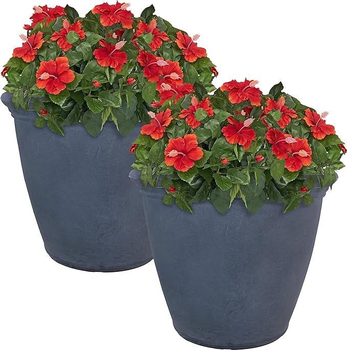 Sunnydaze 20-Inch Anjelica Large Plastic Pot for Plants - Outdoor Polyresin Round Planter with Drillable Drainage Holes - Slate - 2pk-Ruum Studio Home