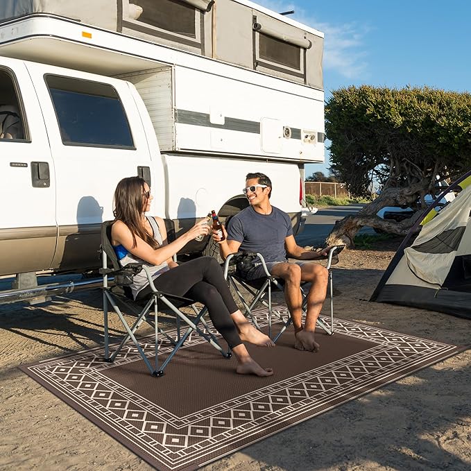 GENIMO Outdoor Rug Waterproof for Patio Decor, 3'x5' Foldable Reversible Plastic Straw Carpet for Porch, Outside Area Mat for Entryway, Rv, Deck, Picnic, Camper, Balcony, Beach, Coffee & Beige-Ruum Studio Home