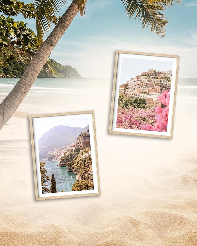HesenDot Natural OAK Wood Amalfi Coast Framed Wall Art,12x16in Italy Beach Canvas Wall Print, Pink Flowers House Boho Wall Decor for Living Room,Bedroom,Office Gallery Gifts Set of 1-Ruum Studio Home