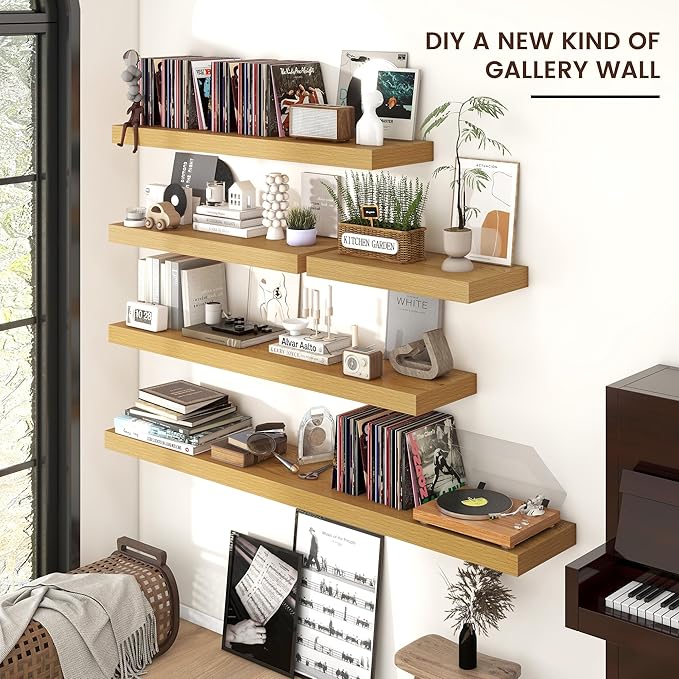 Floating Shelves for Wall, Large Wall Mounted Shelves with Invisible Brackets, Long Wood Floating Shelf for Living Room, Bedroom, Kitchen, Bathroom (Oak, 72" W x 9" D x 1.5" H)-Ruum Studio Home