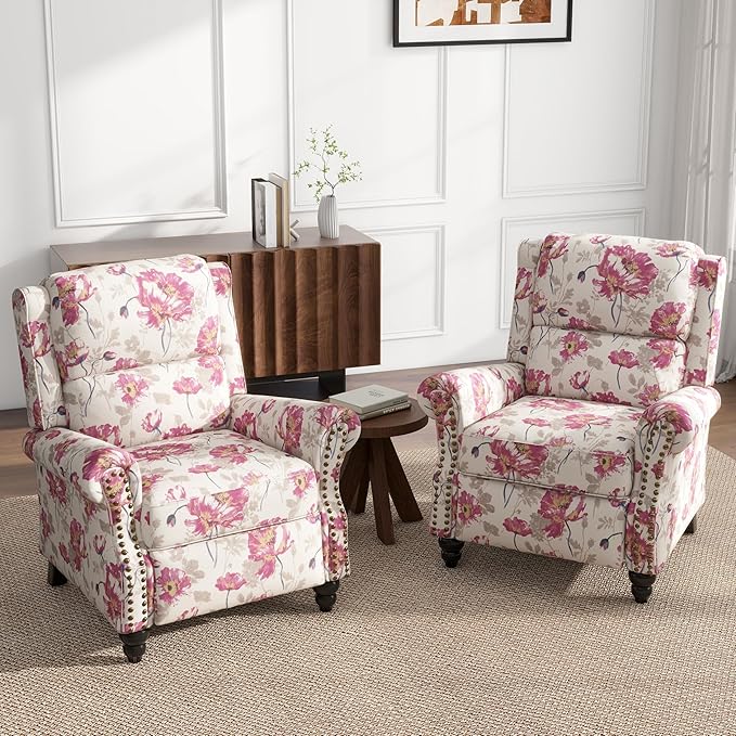 UIXE Pushback Recliner Chairs Set of 2, Fabric Armchair Push Back Accent Chair, Rivet Trim Club Chair Home Theater Overstuffed Single Sofa Reading Seat for Living Room, Pattern-Ruum Studio Home