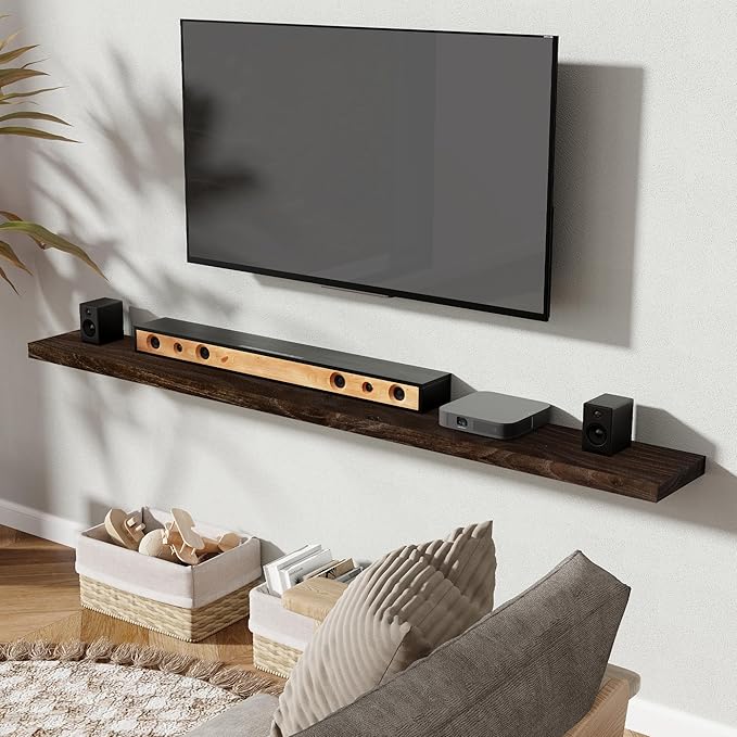 72" Floating Shelves for Wall, Rustic Elm Wood Floating Shelf for Home Decor, Wall-Mounted Display Shelves with Heavy-Duty Bracket, Long Floating Shelf for Bathroom, Kitchen, Living Room, Walnut Color-Ruum Studio Home