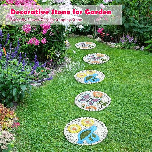 Garden Stepping Stones Set of 2 Butterfly Outdoor Garden Decor 10 inch Round Decorative Stones Pavers for Garden Walkway Landscaping, Hummingbird Gifts (N6-YYD334)-Ruum Studio Home