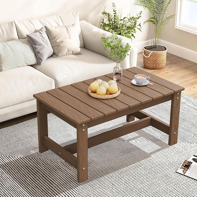 SERWALL Patio Coffee Table, HDPE Rectangle Outdoor Coffee Table, Brown-Ruum Studio Home
