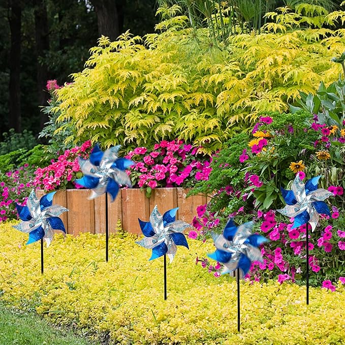 Hausse 10 Pack Reflective Pinwheels, Extra Sparkly Pinwheel, Bird Repellent Devices Deterrent to Scare Birds Away from Yard Patio Farm, Blue & Silver-Ruum Studio Home