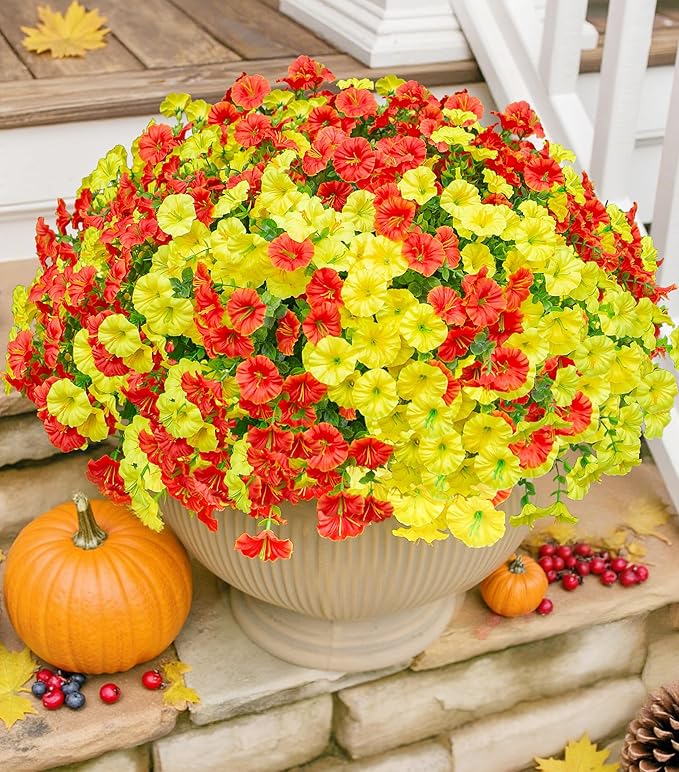 Artificial Mums for Outdoors Fake Fall Flowers Plants for Autumn Decoration, 12 Bundles Silk Morning Glory with Eucalyptus Look Real UV Resistant Faux Mums for Outside Planters Yard Patio Porch, Mix-Ruum Studio Home