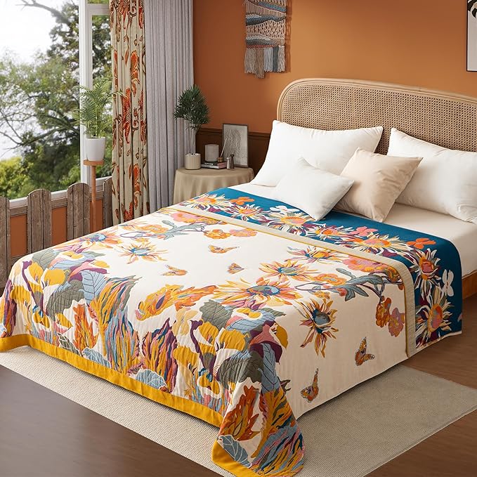 Boho Throw Blanket Throw Size, Soft Cozy Cotton Muslin Quilt Blanket for Bed Decor, Floral Patterned Couch Sofa Chair Cover, Vintage Farmhouse Cottage Tapestry Woven Blanket, Yellow&Blue-Ruum Studio Home