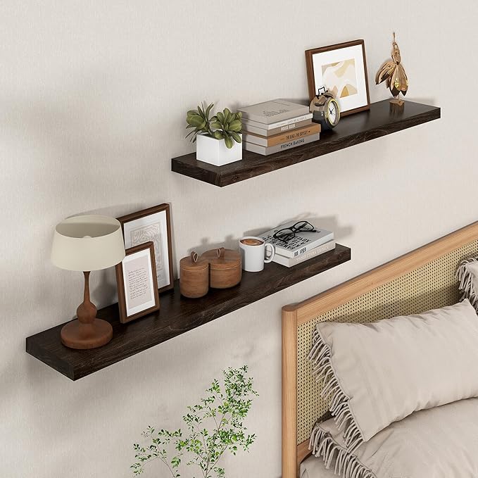 Axeman Floating Shelves for Wall - 40''W x 8'' D Rustic Solid Elm Wood Shelves for Storage, Wall Mounted Display Shelving with Invisible Heavy-Duty Metal Bracket (Walnut, 2PCs)-Ruum Studio Home