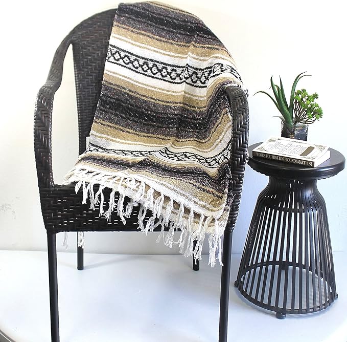 Del Mex Classic Mexican Blanket, Large Authentic Woven Falsa Throw (70"x50"), Artisan Southwest Décor for Beach, Yoga, Outdoors (Tan)-Ruum Studio Home