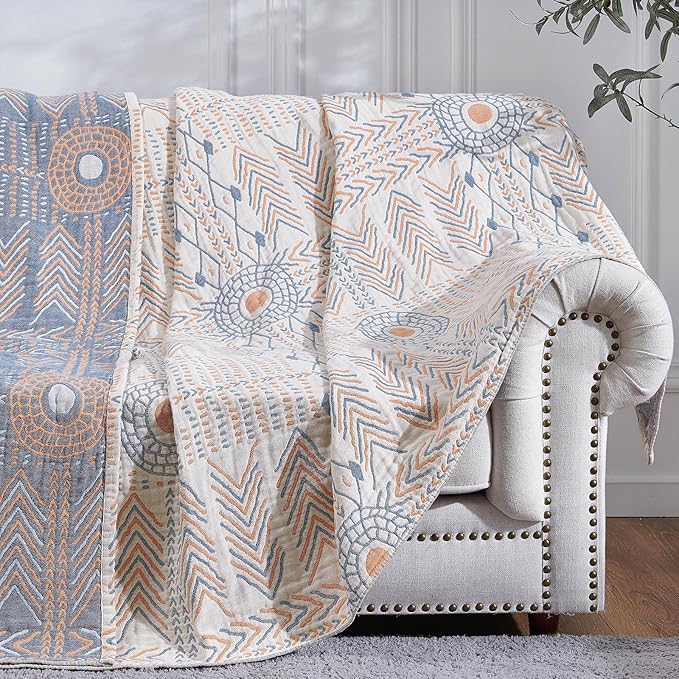 jinchan Boho 100% Cotton Muslin Twin Size 60x80 Throw Blanket Lightweight 4-Layer Orange Reversible Blanket Washable Breathable Geometric Striped Pattern Soft Comfy for Couch Bed Decor All Seasons-Ruum Studio Home