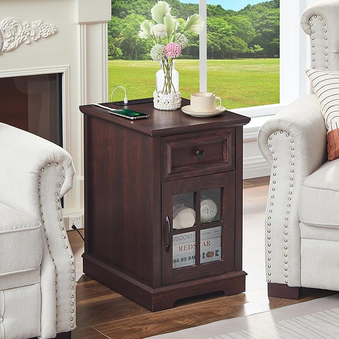 Farmhouse XXL End Table with Charging Station, Side Table with USB Ports and Outlets, Nightstand with Drawer and Glass Door Storage, Cherry Bedside Tables for Living Room, Bedroom, Office-Ruum Studio Home