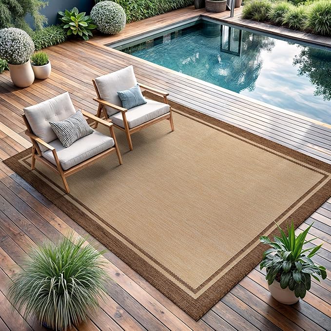 CAMILSON Outdoor Rug 5x7 Bordered Natural Brown Modern Area Rugs for Indoor and Outdoor Patios, Kitchen and Hallway Mats, Washable Porch Deck Outside Carpet (Border Jute, 5 x 7)-Ruum Studio Home