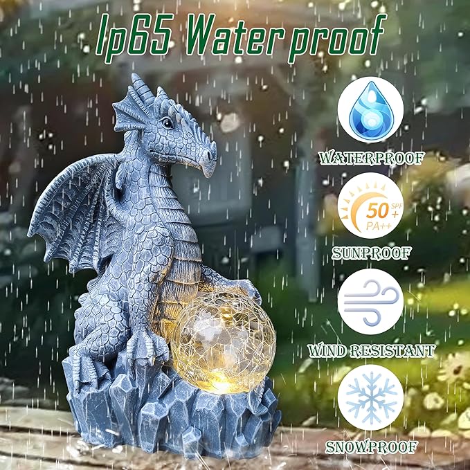 Dragon Solar Garden Statues Outdoor Decoration with Magic Orb,Dragon Figurine Solar LED Lights Lawn Décor,Outside Statue Ornament for Patio, Balcony, Yard,Unique Gifts for Mom Grandma-Ruum Studio Home
