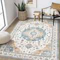 Washable Area Rugs for Living Room - 5x7 Neutral Vintage Distressed Floral Farmhouse Boho Large Soft Floor Rug Indoor Non Slip Carpet for Living Room Bedroom Dining Room Office - Blue/Yellow/Beige-Ruum Studio Home