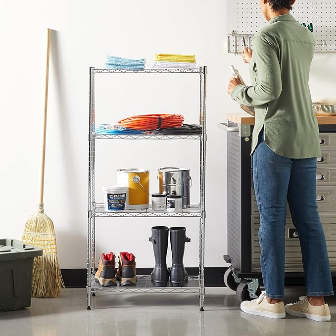 Amazon Basics 4-Shelf Adjustable, Storage Shelving Unit, (200 Pound Loading Capacity per Shelf), Steel Organizer Wire Rack, 13.4"D x 23.2"W x 48"H, Chrome-Ruum Studio Home