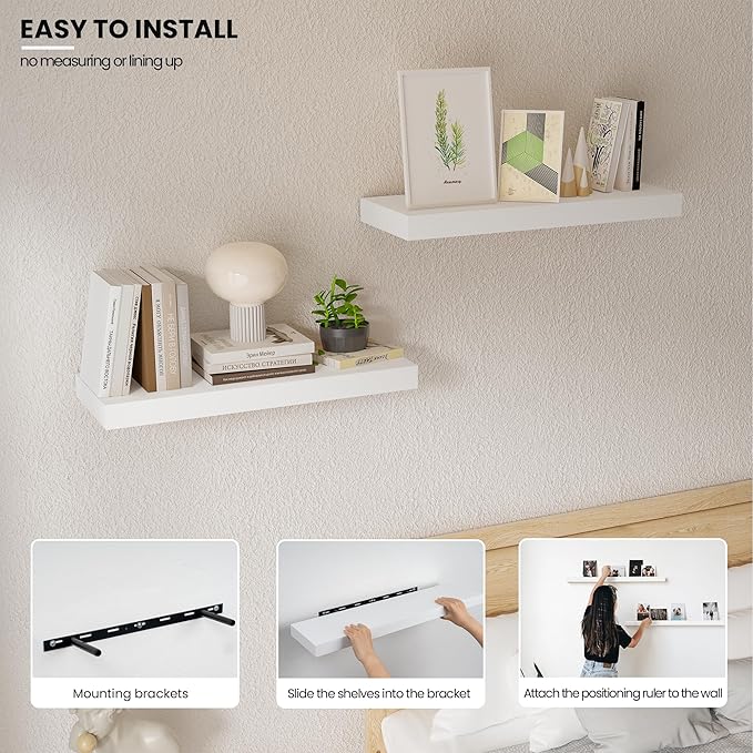 Floating Wood Shelves for Wall 16 Inches x 8”x 1.4” Shelf Floating Home Decor, Heavy Duty Shelf Hold 35 lbs, Wall Shelves for Bathroom Living Room Kitchen Bedroom Office - Set of 2 White-Ruum Studio Home