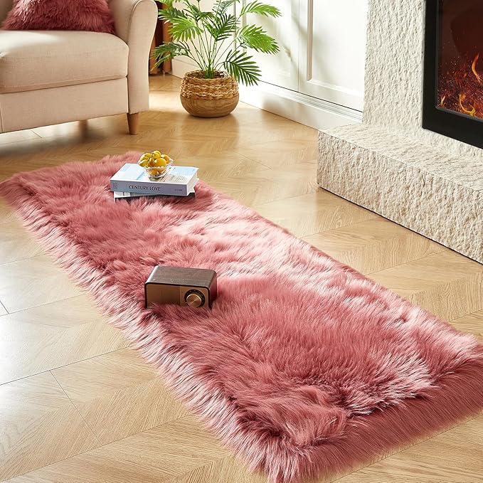 AMTOVO Faux Fur Rug, Blush Pink Ultra Soft Fluffy Shag Sheepskin Rug, 2 x 6 ft Runner Area Rugs for Bedroom Sofa Throw Cushion Room Decor, Rectangle-Ruum Studio Home