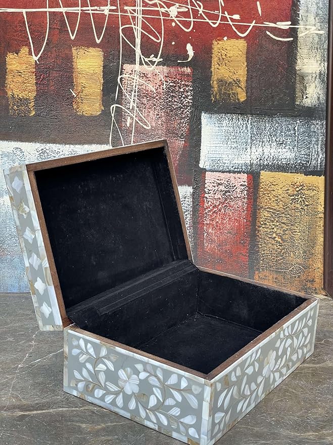 Decorative Wooden Storage Box with Mother of Pearl Inlay – Elegant Floral Design – Perfect for Home Décor in Living Room, Dining Area, or Bedroom (Grey, 9x6x3.5 inch)-Ruum Studio Home