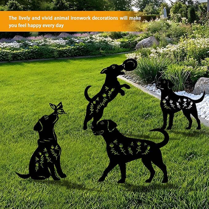 4 Pack Dog Metal Garden Decorative Stakes, Weather Proof Puppy Silhouette Statues for Yard, Patio,Outdoor Decor for Dog Lovers and Pet Owners-Ruum Studio Home
