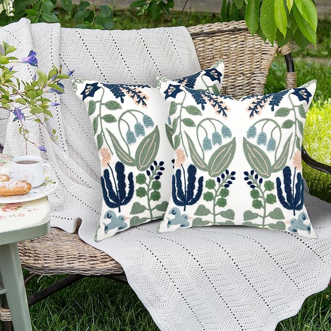 Alysheer Floral Embroidered Summer Decorative Throw Pillow Covers 20"x 20" Set of 2, Farmhouse Cottage Navy Blue Green Flowers Leaves Knit Pattern Cotton Canvas Cushion Case for Couch Bed Living Room-Ruum Studio Home