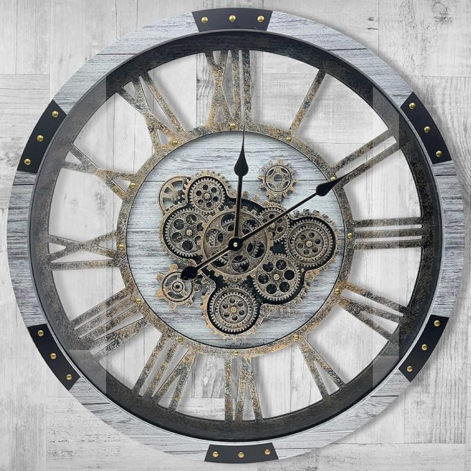 DORBOKER 30" Original Moving Gears Wall Clock, Large Industrial Wall Clock for Living Room Decor, Solid Wood Vintage Farmhouse Steampunk Rustic Clocks for Wall Decor,Silver Grey-Ruum Studio Home
