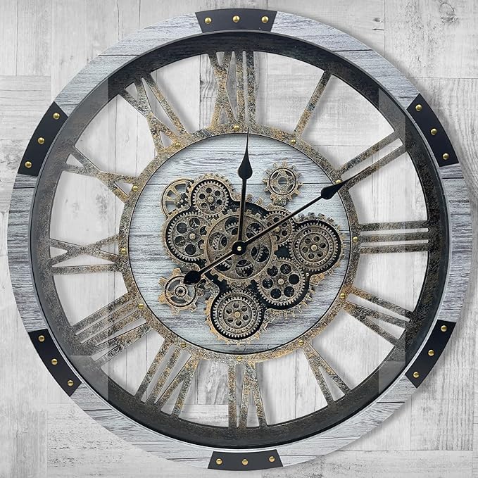 DORBOKER 27" Original Moving Gears Wall Clock, Large Industrial Wall Clock for Living Room Decor, Retro Metal Solid Wood Vintage Farmhouse Steampunk Rustic Clocks for Wall Decor,Silver Grey-Ruum Studio Home